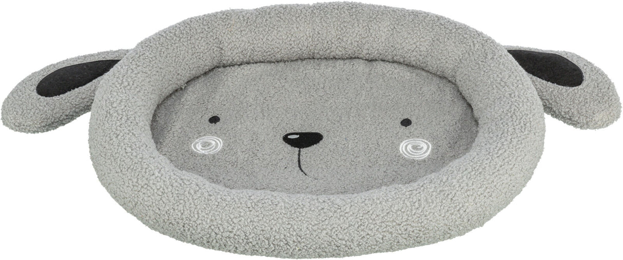 Graues Tierbett in Form eines Tieres mit aufgesticktem Gesicht und Ohren, aus plüschigem Material.