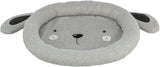 Graues Tierbett in Form eines Tieres mit aufgesticktem Gesicht und Ohren, aus plüschigem Material.