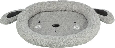 Graues Tierbett in Form eines Tieres mit aufgesticktem Gesicht und Ohren, aus plüschigem Material.