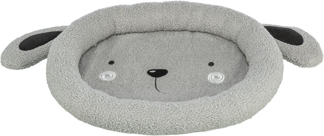 Graues Tierbett in Form eines Tieres mit aufgesticktem Gesicht und Ohren, aus plüschigem Material.