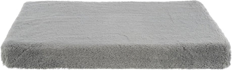 Graues, flauschiges rechteckiges Kissen oder Polster mit weicher Textur, vollständig sichtbar.