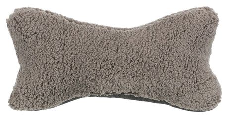 Graues, flauschiges Kissen in Knochenform mit weicher Textur und gleichmäßiger Oberfläche.