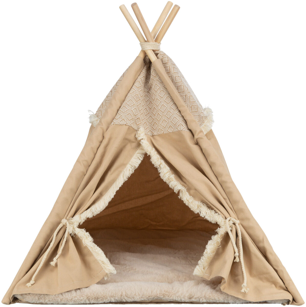 Beiges Tipi mit fünf Holzstangen und gefranstem Vorhang, Textilmuster oben, flauschiger Innenboden.