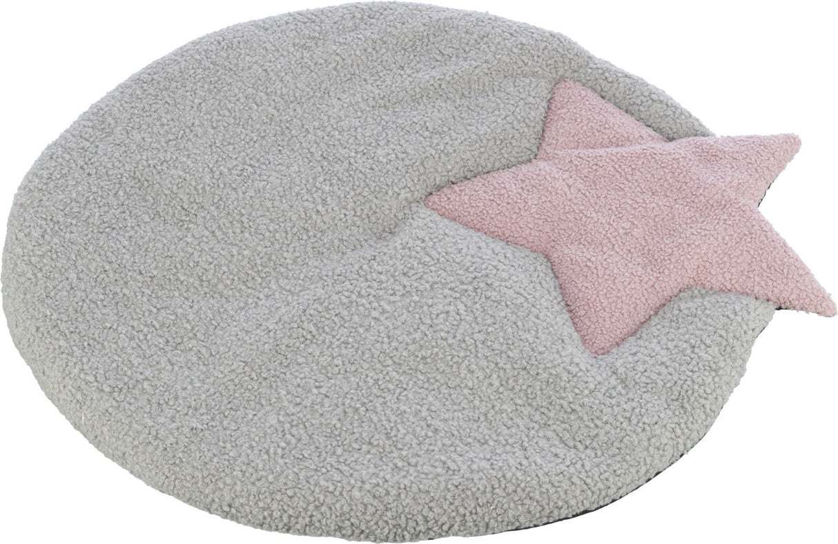 Runde, flauschige graue Matte mit integriertem rosa Stern.