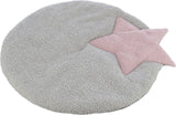 Runde, flauschige graue Matte mit integriertem rosa Stern.