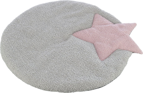 Runde, flauschige graue Matte mit integriertem rosa Stern.