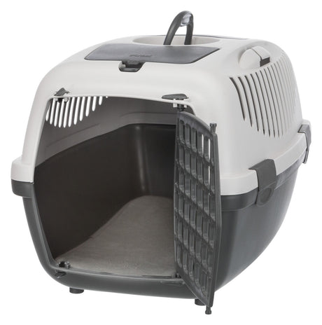Transportbox mit grauem Gitter aus Kunststoff, offen, mit Tragegriff oben, Lüftungsschlitze an den Seiten.