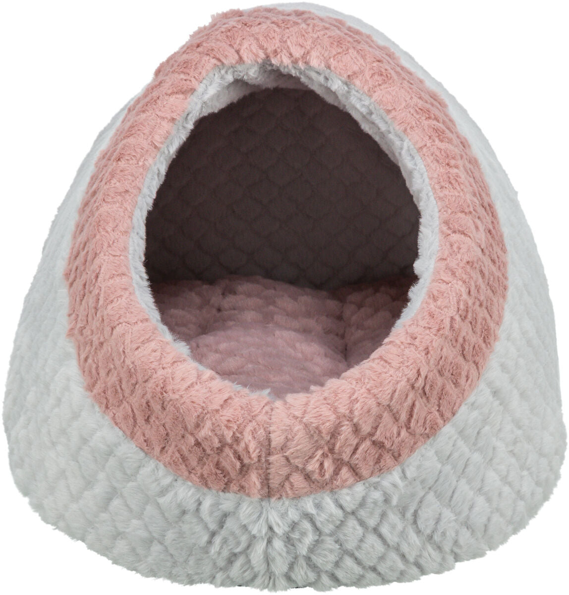 Weiche, plüschige Höhle in Grau und Rosa mit ovalem Eingang und gepolstertem Innenraum.