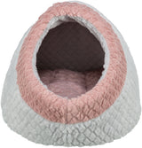 Weiche, plüschige Höhle in Grau und Rosa mit ovalem Eingang und gepolstertem Innenraum.