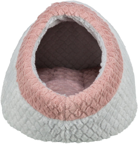 Weiche, plüschige Höhle in Grau und Rosa mit ovalem Eingang und gepolstertem Innenraum.