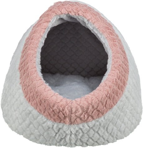 Weiß-grau-rosa gepolsterte Höhle mit offenem Eingang aus weichem, strukturiertem Material.
