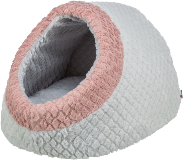 Graues und rosa Haustierhütte mit weicher, gepolsterter Textur und ovaler Öffnung.