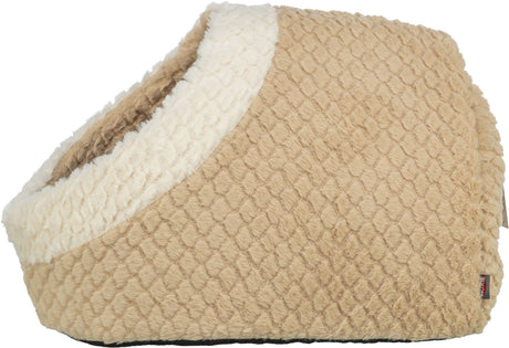 Beige, plüschige Höhle mit wabenartiger Struktur und weißem Rand.