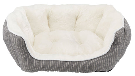 Graues, gestreiftes Tierbett mit weichem, weißem, plüschigem Innenfutter.