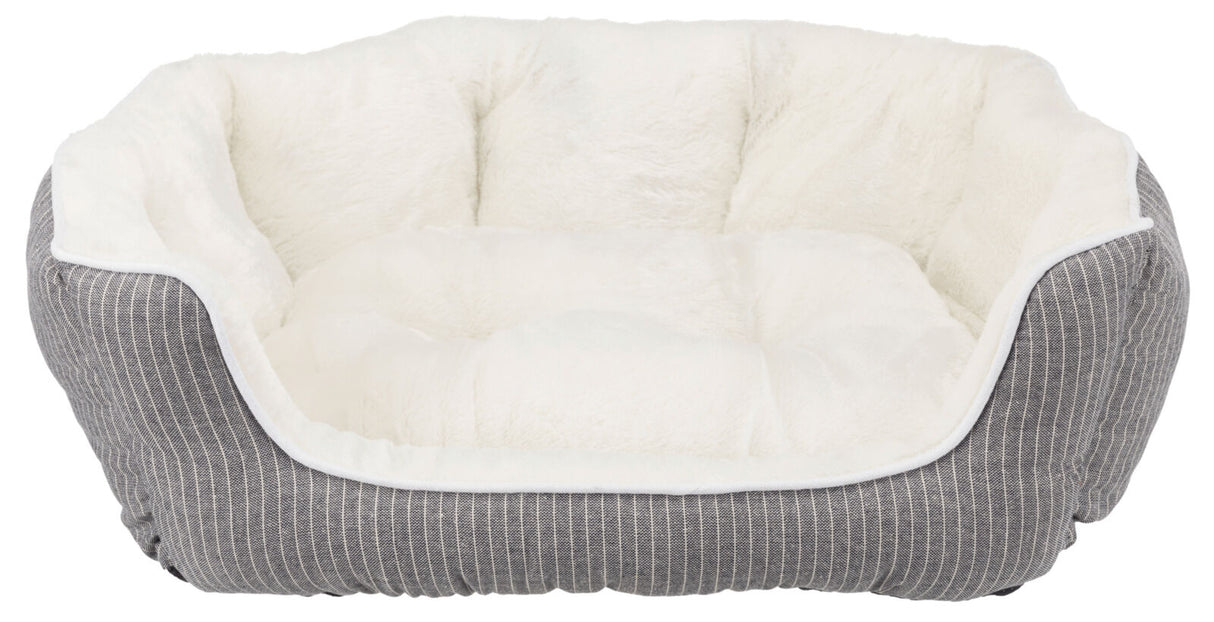 Graues, gestreiftes Tierbett mit weichem, weißem Innenfutter und erhöhter Umrandung.