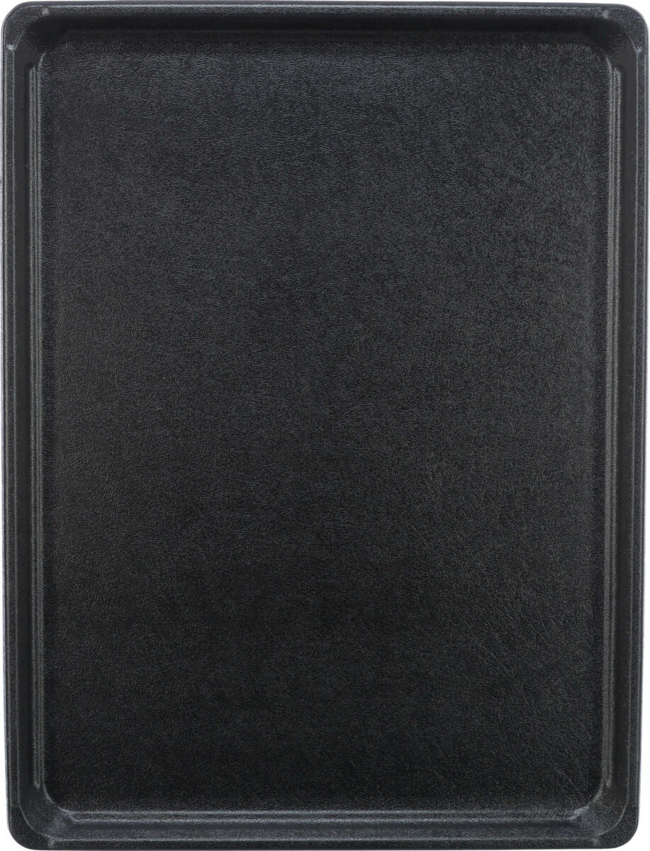 Schwarzes, rechteckiges Backblech mit erhöhtem Rand und glatter Oberfläche.