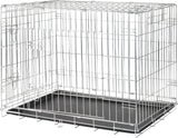 Silberner Metallkäfig mit rechteckiger Form und schwarzem herausnehmbarem Boden, geeignet zum Transport.
