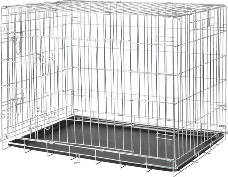 Silberner Metallkäfig mit rechteckiger Form und schwarzem herausnehmbarem Boden, geeignet zum Transport.