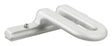 Silbernes, metallisches Bauteil mit gebogener Form und einer Schraube auf flacher Oberfläche.
