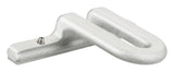Silbernes, metallisches Bauteil mit gebogener Form und einer Schraube auf flacher Oberfläche.