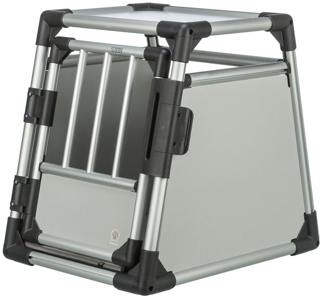 Transportbox aus silbernem Metall und schwarzem Kunststoff mit Gittertür und stabiler Rahmenkonstruktion.