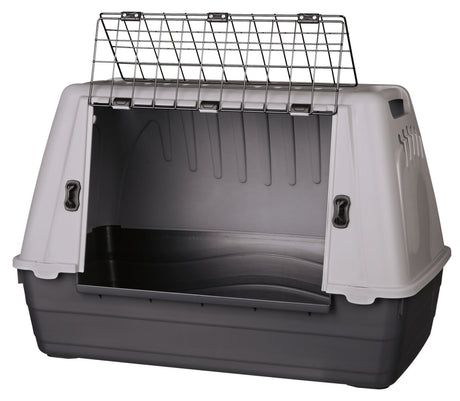 Graue und schwarze Transportbox mit Gittertür oben, rechteckige Form, Griff an den Seiten, geöffnet.