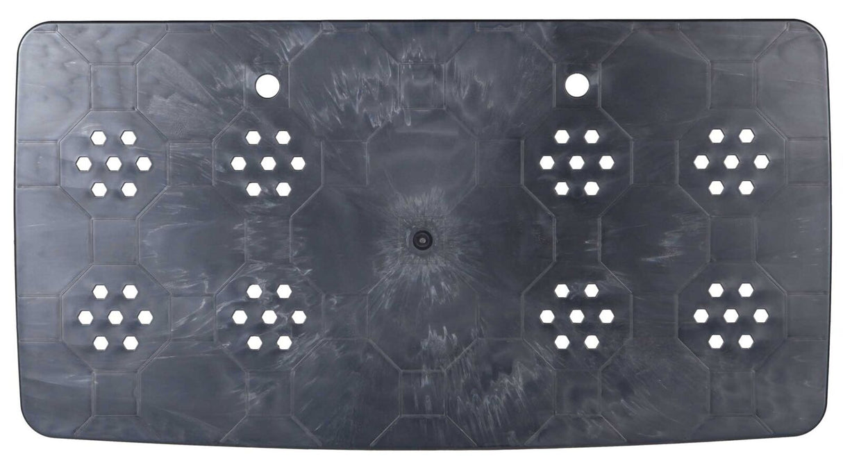 Schwarze Kunststoffplatte mit hexagonalen Mustern und runden Löchern in symmetrischer Anordnung.