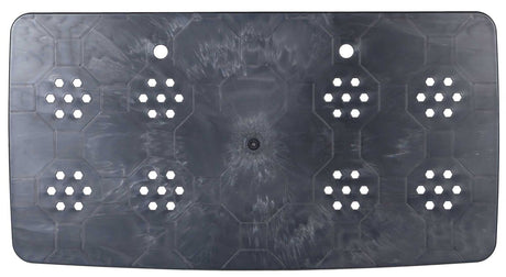 Schwarze Kunststoffplatte mit hexagonalen Mustern und runden Löchern in symmetrischer Anordnung.