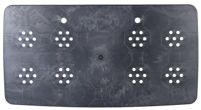 Schwarze Kunststoffplatte mit hexagonalen Mustern und runden Löchern in symmetrischer Anordnung.