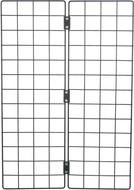 Metallisches Gitter mit rechteckigen Segmenten, verbunden durch Scharniere in der Mitte, auf weißem Hintergrund.