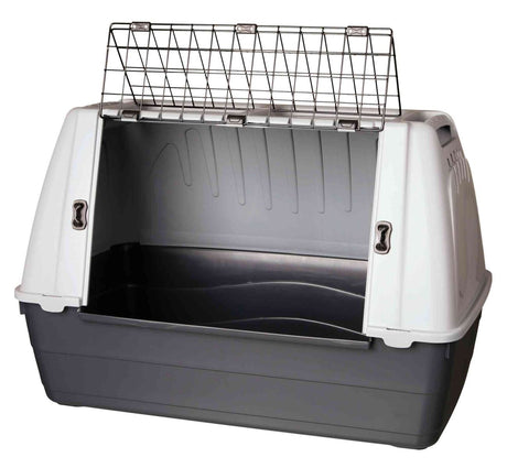 Tiertransportbox aus grauem Kunststoff mit aufklappbarer Metallgittertür und weißen Seitenwänden.