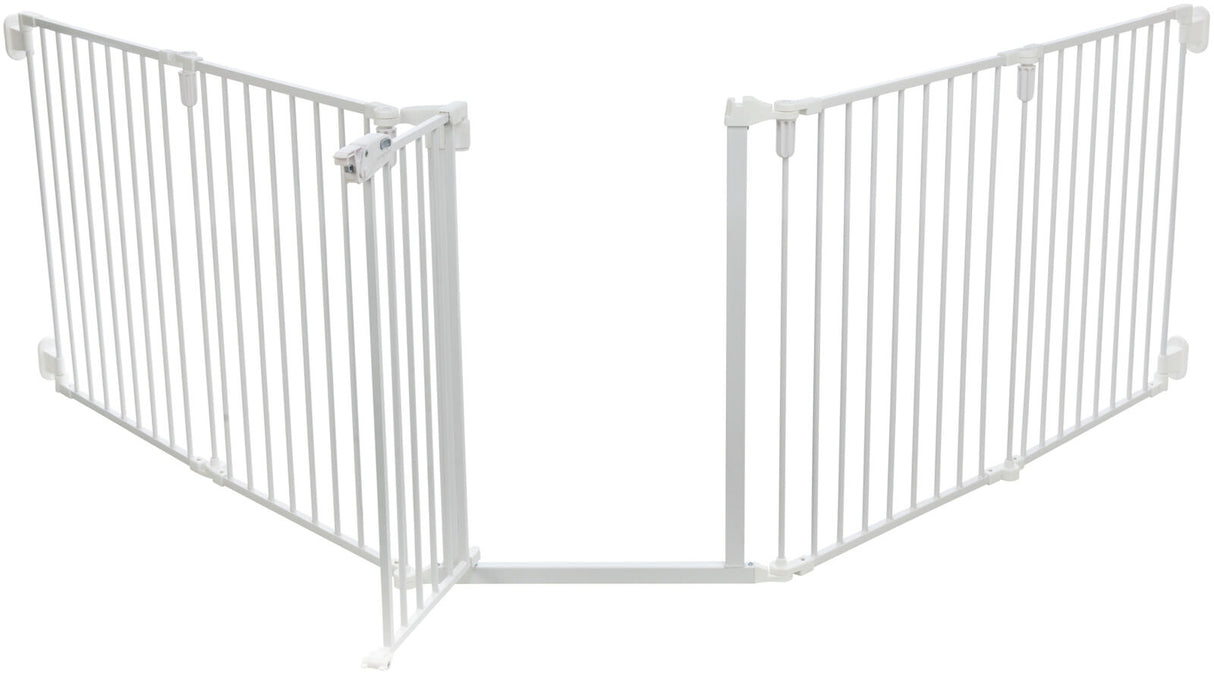 Weißes Sicherheitsgitter aus Metall mit verstellbarer Breite, geeignet für Türen oder Treppen, mit Verschlussmechanismus.