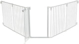 Weißes Sicherheitsgitter aus Metall mit verstellbarer Breite, geeignet für Türen oder Treppen, mit Verschlussmechanismus.