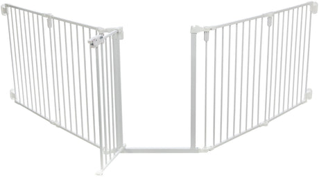 Weißes Sicherheitsgitter aus Metall mit verstellbarer Breite, geeignet für Türen oder Treppen, mit Verschlussmechanismus.