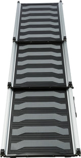 Dreiteilige schwarze und graue Rampe mit rutschfestem Design und seitlichem Metallrahmen.