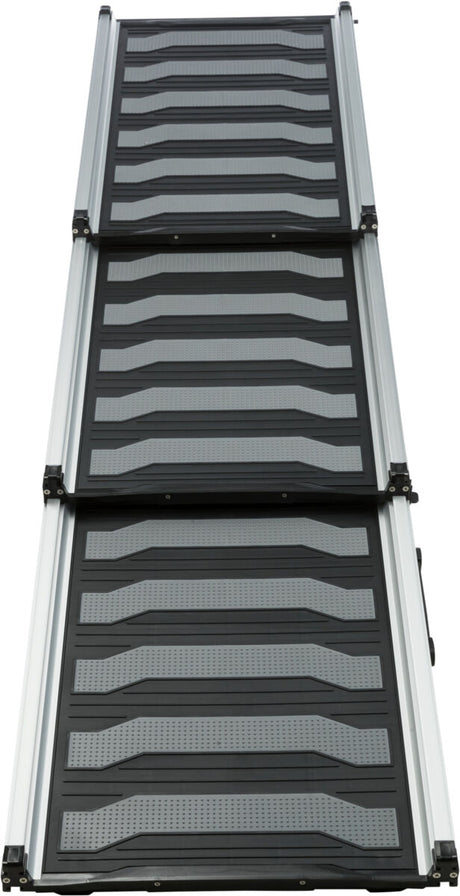 Dreiteilige schwarze und graue Rampe mit rutschfestem Design und seitlichem Metallrahmen.
