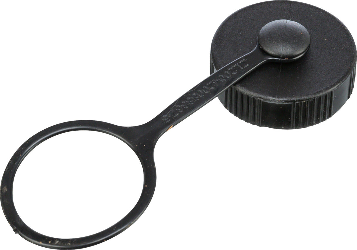 Schwarzer Kunststoffdeckel mit integriertem Sicherungsring und geriffeltem Rand.