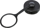 Schwarzer Kunststoffdeckel mit integriertem Sicherungsring und geriffeltem Rand.