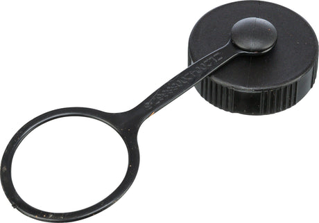 Schwarzer Kunststoffdeckel mit integriertem Sicherungsring und geriffeltem Rand.