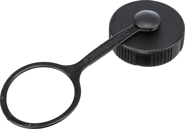 Schwarzer Kunststoffdeckel mit integriertem Sicherungsring und geriffeltem Rand.