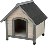 Holzhütte mit grauem Dach und Öffnung, helle Holzlatten, viereckige Form, geeignet für den Außenbereich.