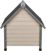 Holzhütte für Tiere mit schrägem, dunklem Dach und hellen Seitenwänden aus Holzplanken.
