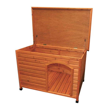 Holzbox mit offenem Deckel, rechteckige Form, Naturholzoptik, abgerundeter Eingang an der Vorderseite.