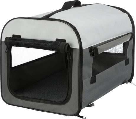 Graue Transportbox mit Netzeinsätzen, Tragegriff oben und zwei großen Öffnungen an der Seite und vorne.