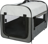 Graue Transportbox mit Mesh-Fenstern und schwarzem Reißverschluss, Tragetasche oben angebracht.