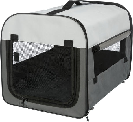 Graue Transportbox mit Mesh-Fenstern und schwarzem Reißverschluss, Tragetasche oben angebracht.