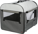 Graue faltbare Transportbox mit Netzeinsätzen und schwarzem Tragegriff, seitlich eine Tasche.