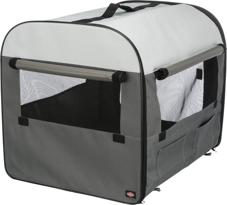 Graue faltbare Transportbox mit Netzeinsätzen und schwarzem Tragegriff, seitlich eine Tasche.