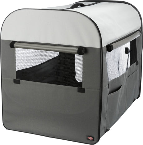 Tragetasche in Grau mit Mesh-Fenstern auf drei Seiten und einem Griff oben, geeignet für den Transport.