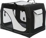 Schwarze und weiße tragbare Transportbox mit Netzeinsätzen und Griff.